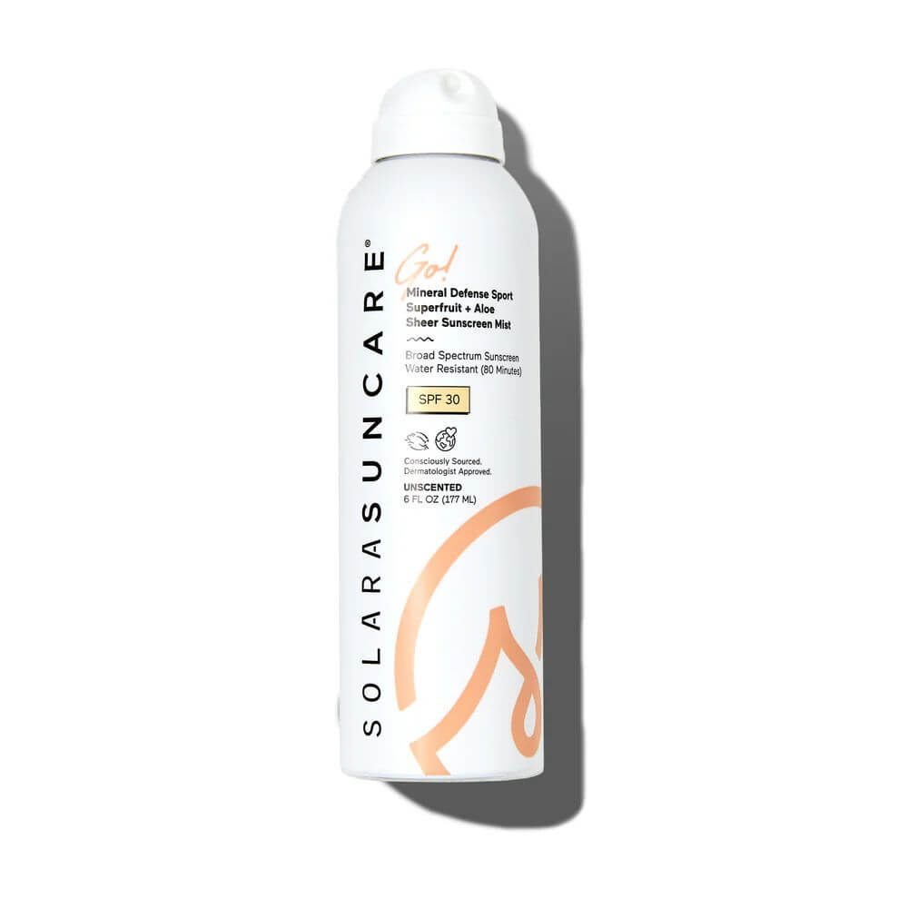 Solaara Sun Care Go Mineral Defense Sport sunscreen spray bottle on a white background
