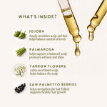 An informational graphic titled 'WHAT'S INSIDE Under Luna Deep Magic Serum?' showing four ingredients with small photos and text: jojoba, palmarosa, yarrow flowers, and saw palmetto berries, alongside two glass droppers filled with golden oil on a light beige background.