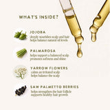 An informational graphic titled 'WHAT'S INSIDE Under Luna Deep Magic Serum?' showing four ingredients with small photos and text: jojoba, palmarosa, yarrow flowers, and saw palmetto berries, alongside two glass droppers filled with golden oil on a light beige background.