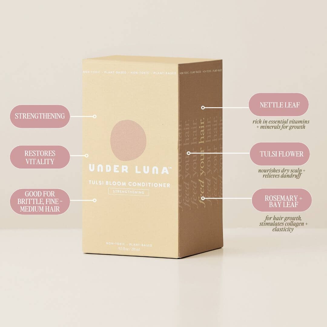 Box of Under Luna hair care product with ingredient information on a light background