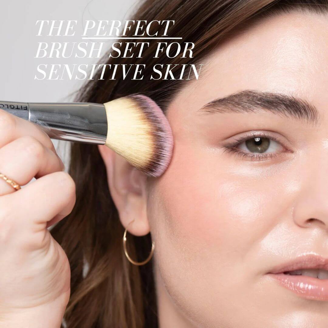 Makeup brush being used on a person's face with text 'The Perfect Brush Set for Sensitive Skin'.